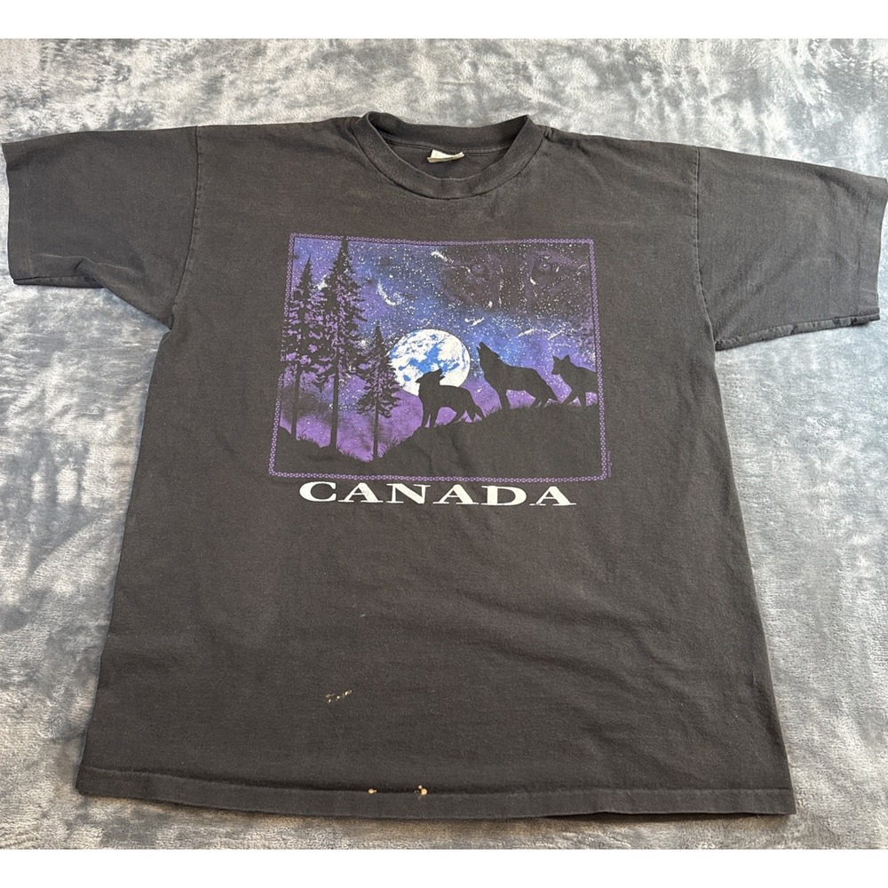 Prairie Mountain Mens Black Wolf Canada Graphic T-Shirt XL Made in USA